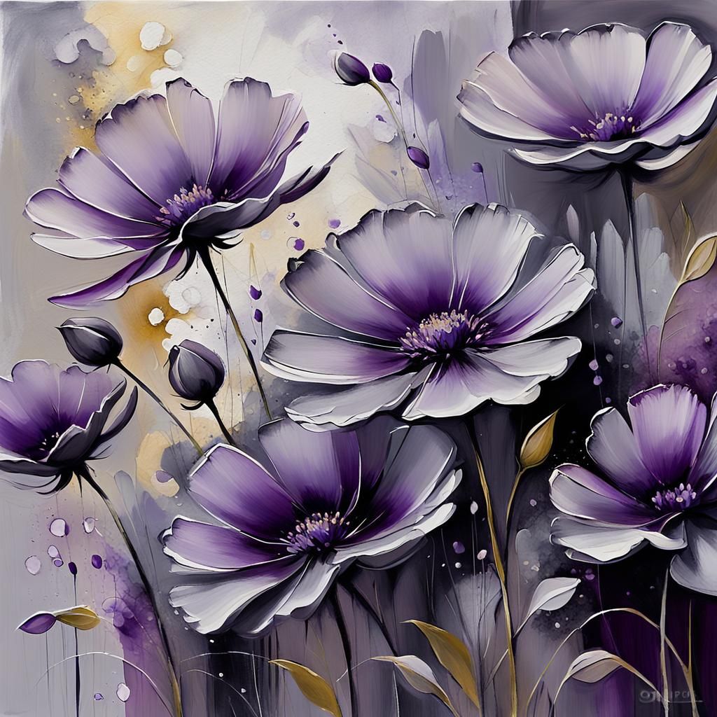 Abstract Expressionism: Gray Flowers with Violet Accents