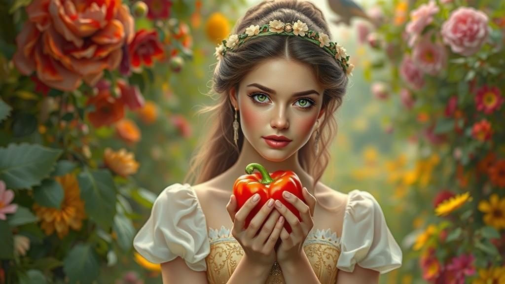 Belle Cradles Bell Pepper in Hyperrealistic Garden