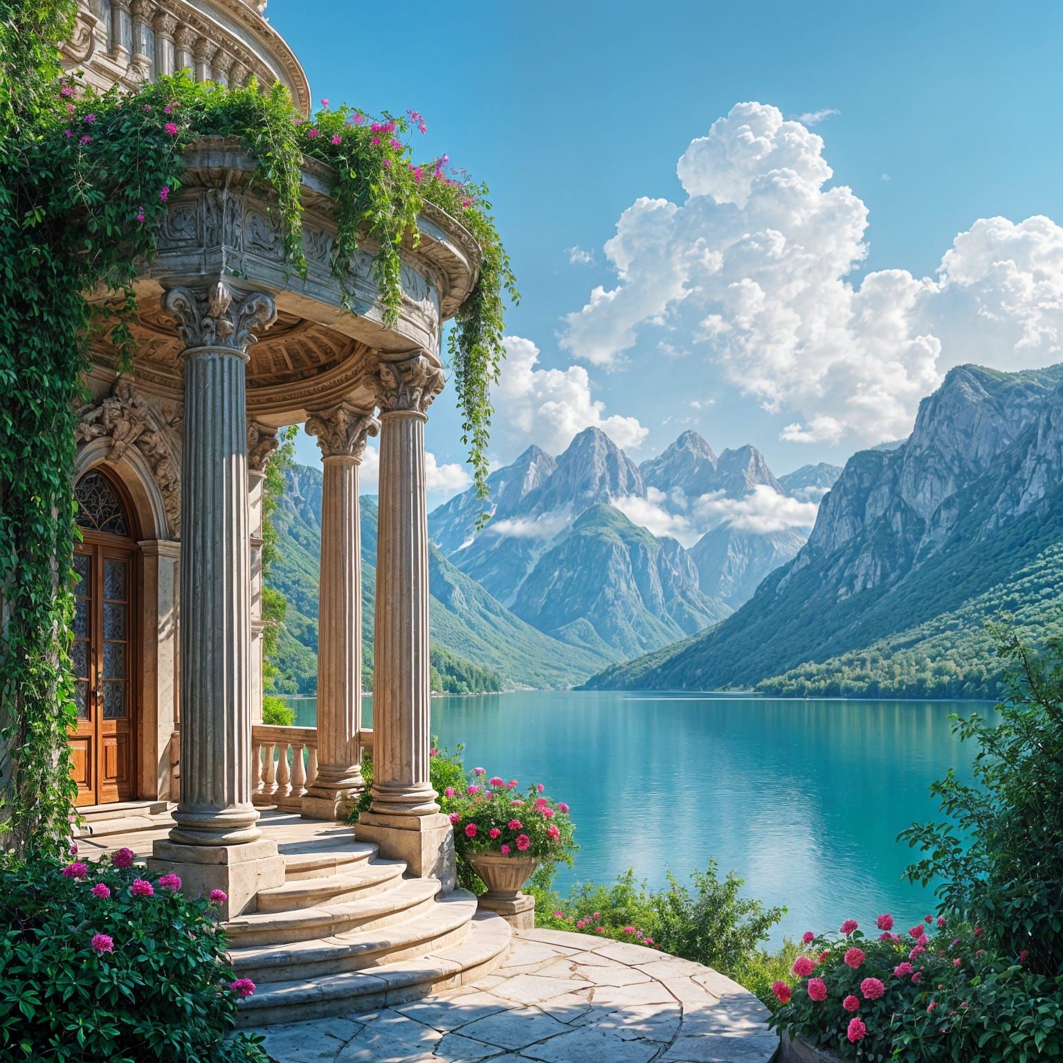 Ornate Columned Structure Overlooking Scenic Landscape