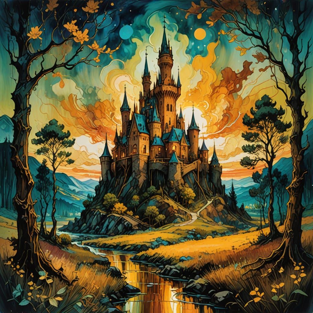 Enchanted Encaustic Castle in Dreamlike Sunset Landscape