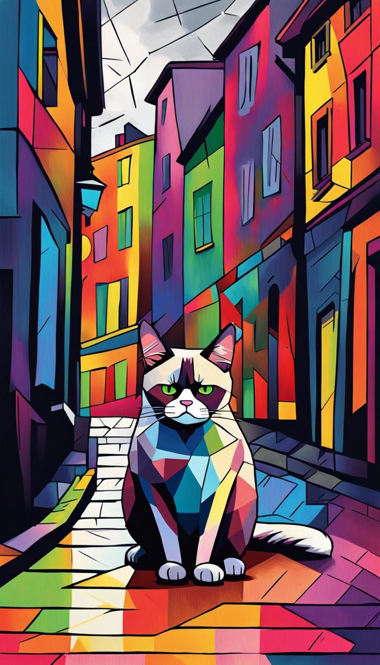 Grumpy Cat in Montmartre: Cubist Oil Painting