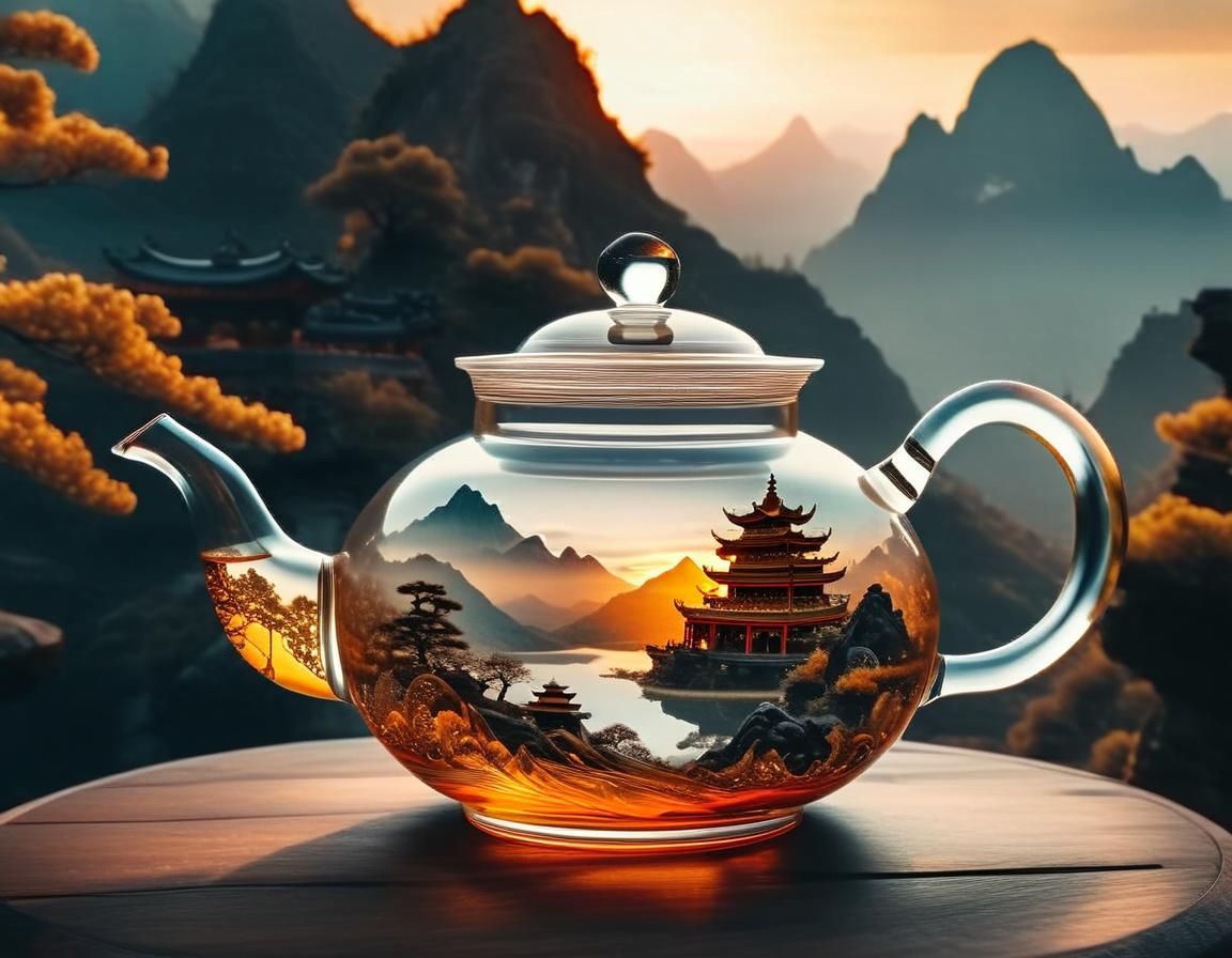 Elegant Glass Teapot with Vibrant Mountain Landscapes in Sun...