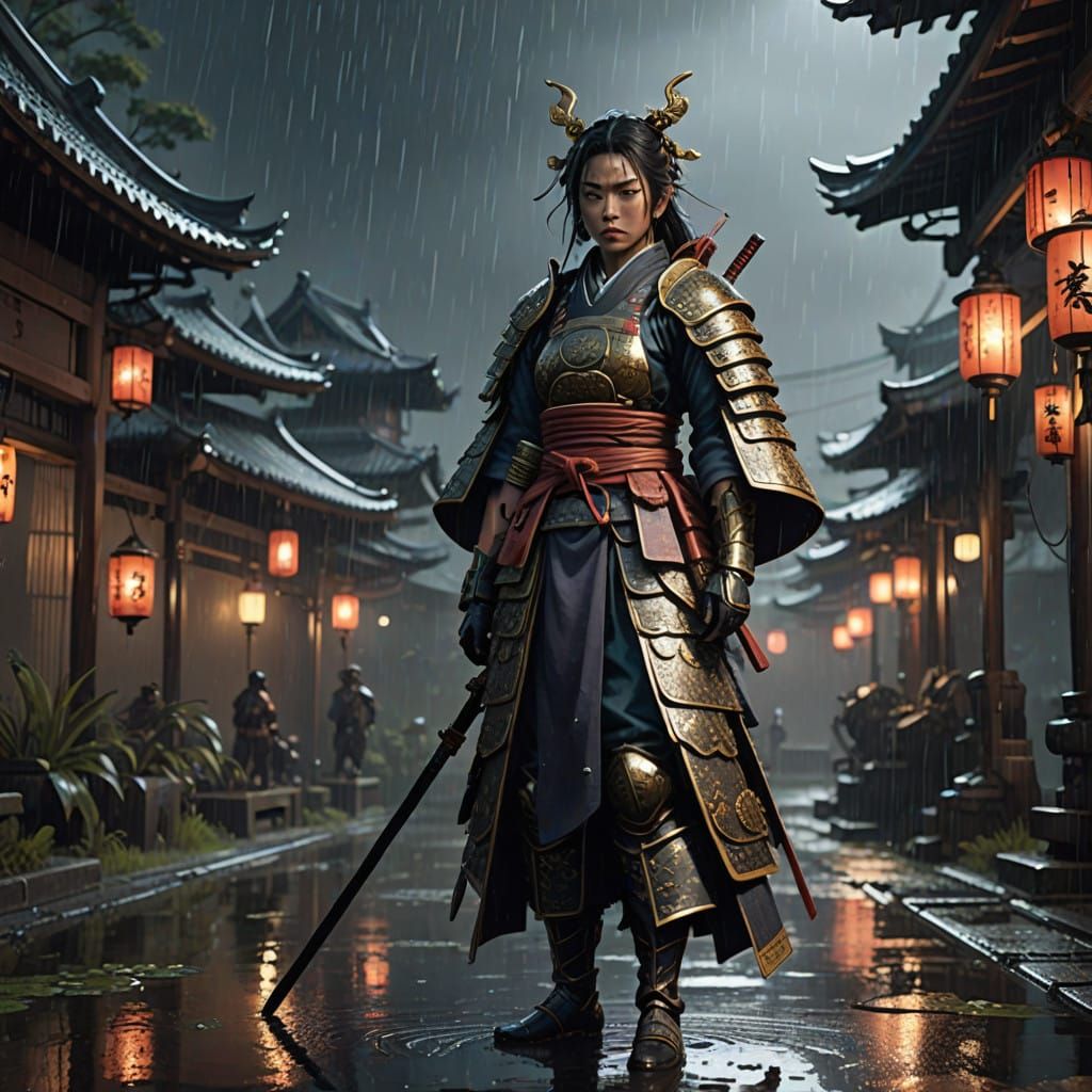 Mysterious Female Samurai in Rainy 3D Scene