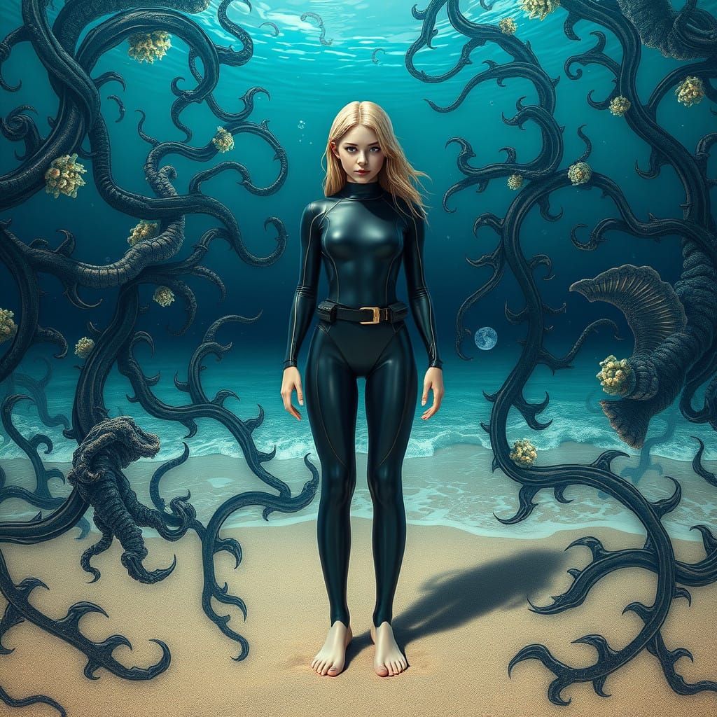 Beach Diver Girl in Vibrant Wetsuit, Emerging from Oceanic W...