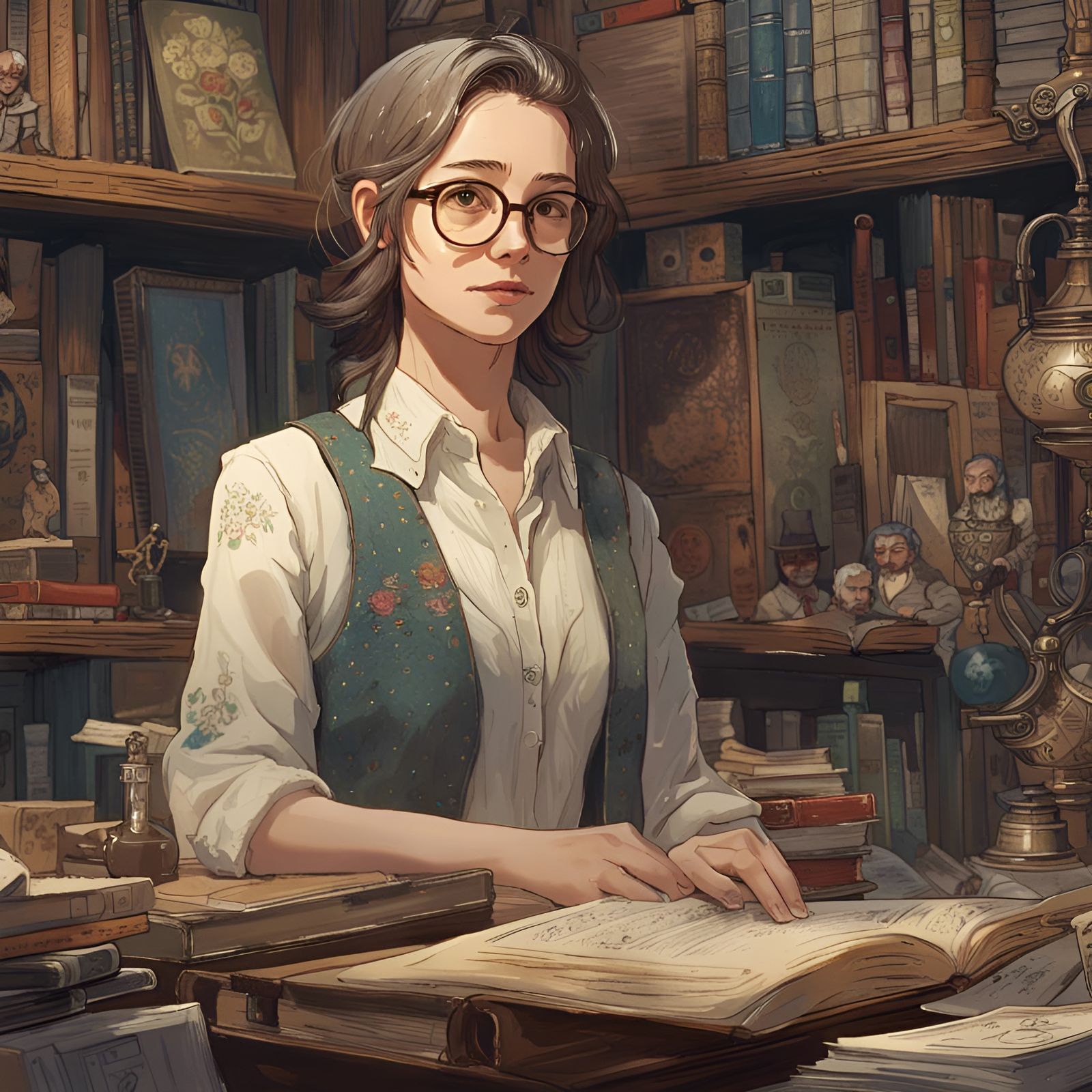 Beautiful Librarian Portrait in Detailed Watercolor Style