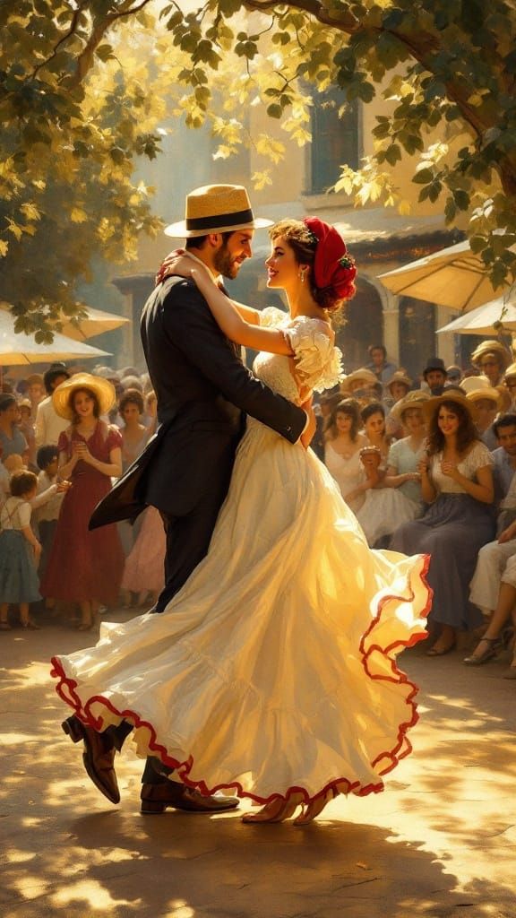 Romantic Impressionist Dance Scene in a Leafy Village Courty...