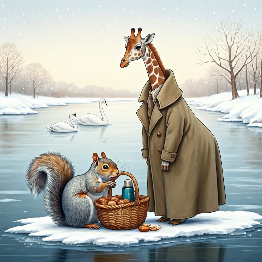 Whimsical Winter Scene: Squirrel and Giraffe on Frozen River