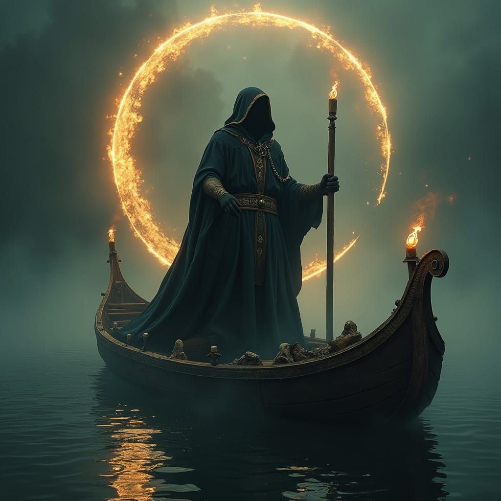 Charon in Mysterious Boat Ride Across River Styx in Dark Fan...