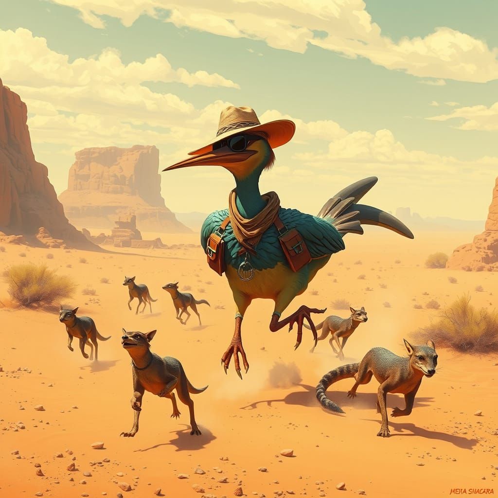 Giant Roadrunner Bird in a Sci-Fi Desert