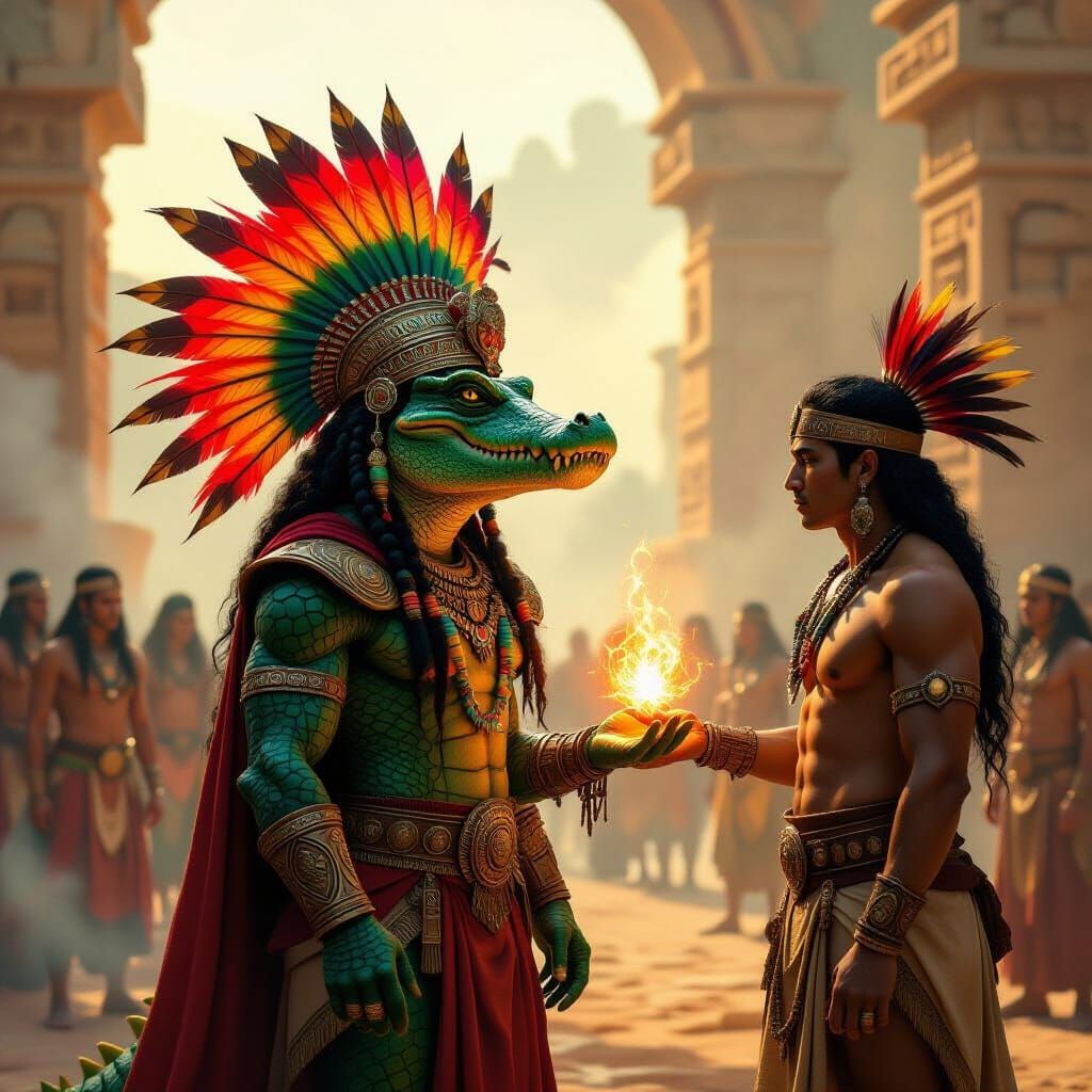 Reptilian Gods Granting Mayan Wisdom in Epic Fantasy Art