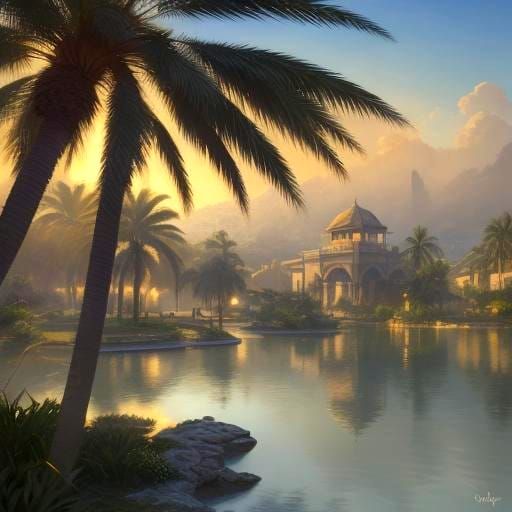 Scenic Asian Water Wheel Scene with Palm Trees