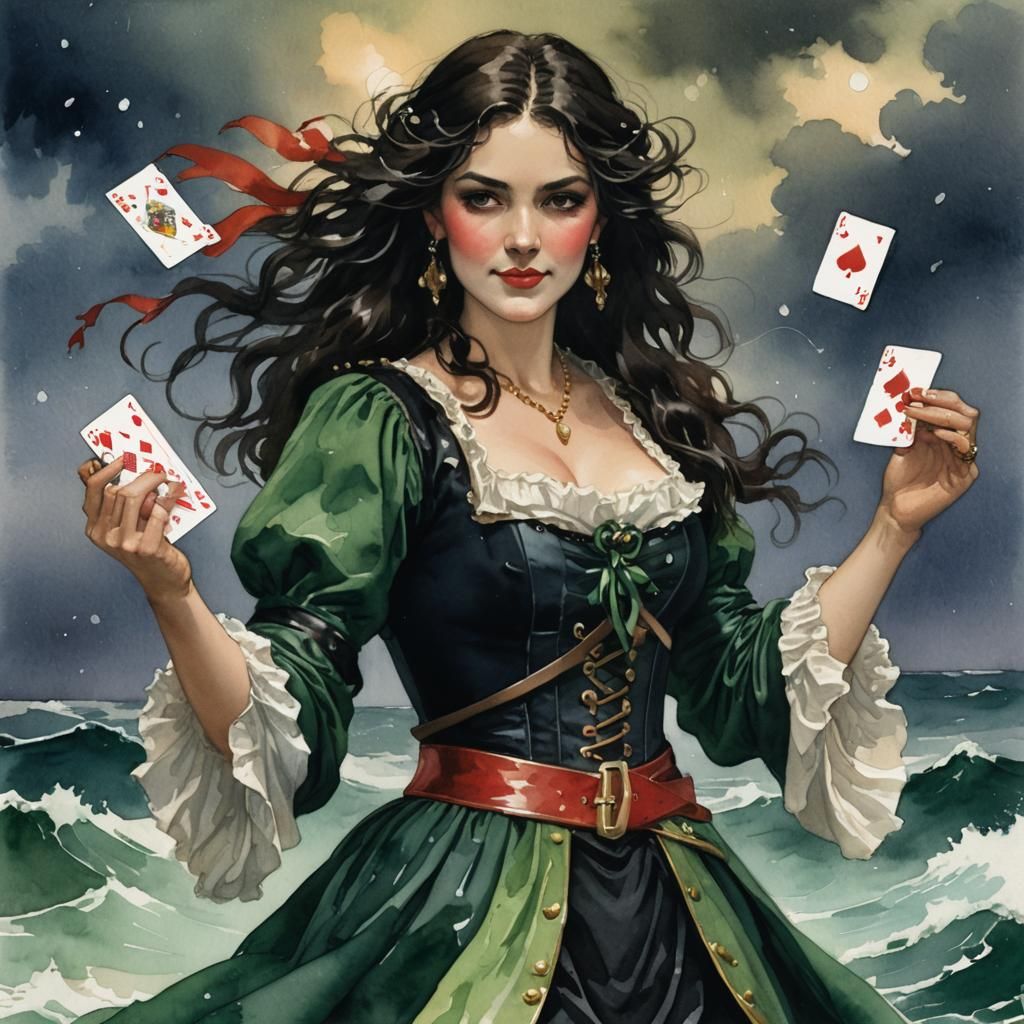 Pirate Lady with Cards: Watercolor Illustration
