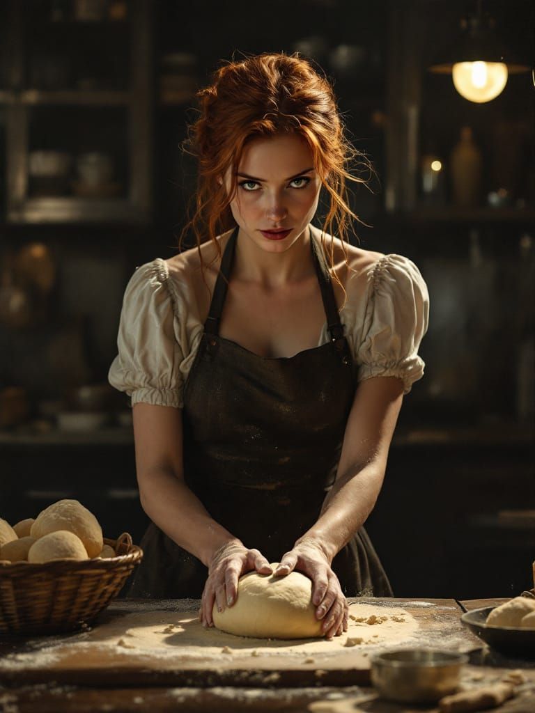Redhead Baker in Golden Chiaroscuro Kitchen