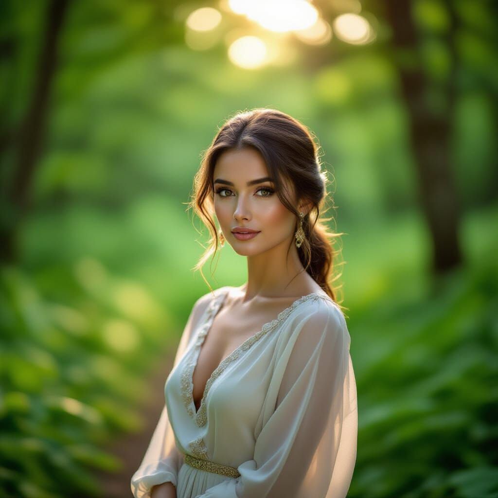 Elegant Woman in Forest, Natural Light Photography