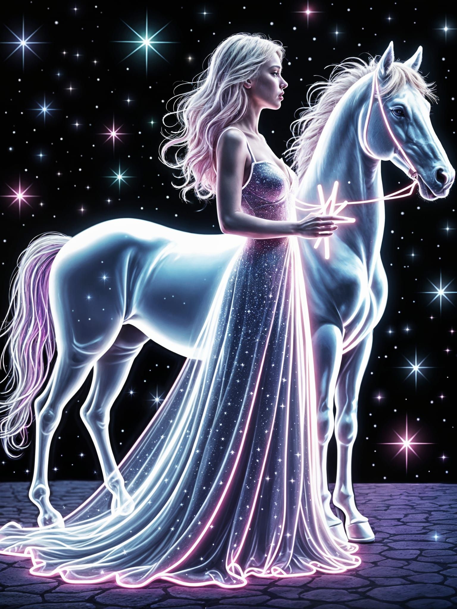 Neon Starry Dress Girl with Fiery Horse