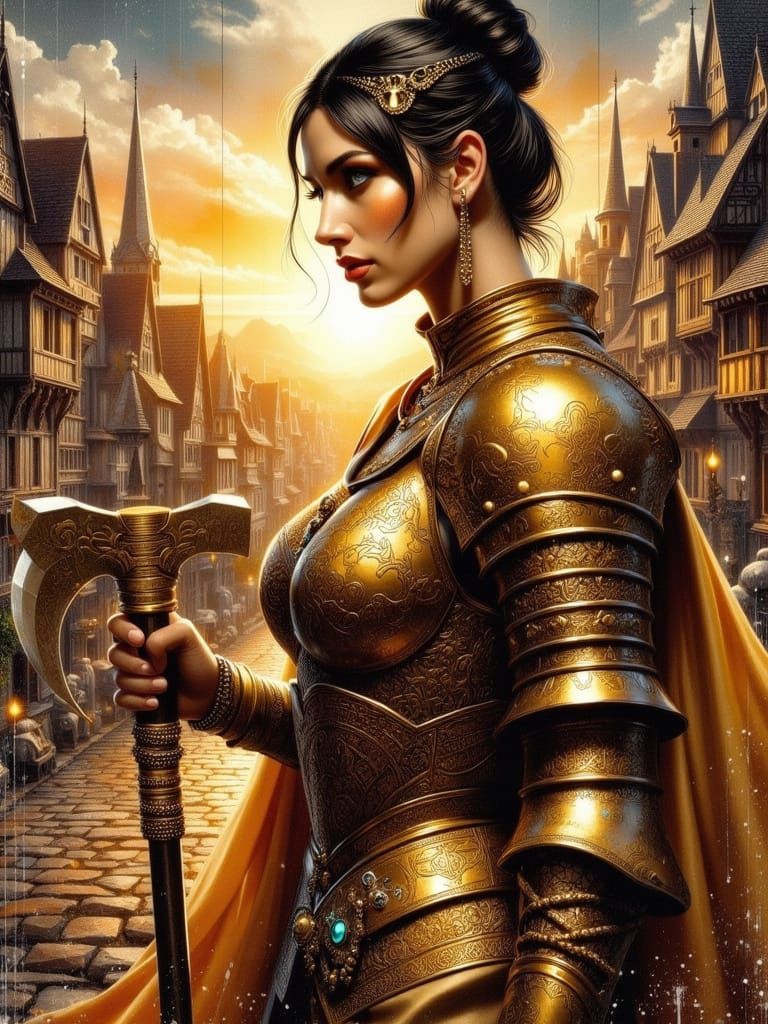 Regal Queen in Golden Armor with Battle-Axe