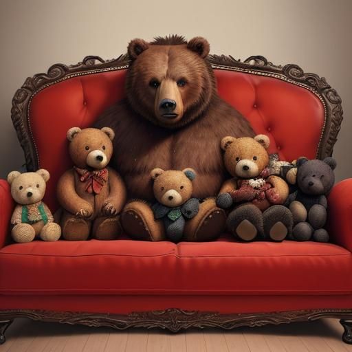Grizzly Bear with Plush Teddy Bears on Couch