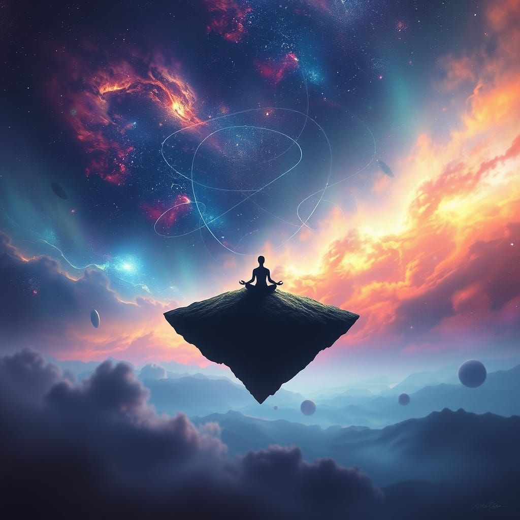 Meditating Figure in Cosmic Nebula, Mystical Surrealism Styl...