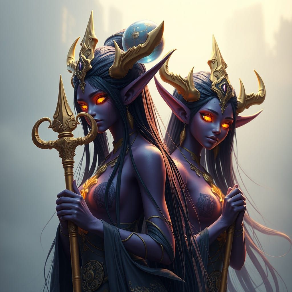 Ethereal Female Tulpa Guardians with Golden Staff in Celesti...