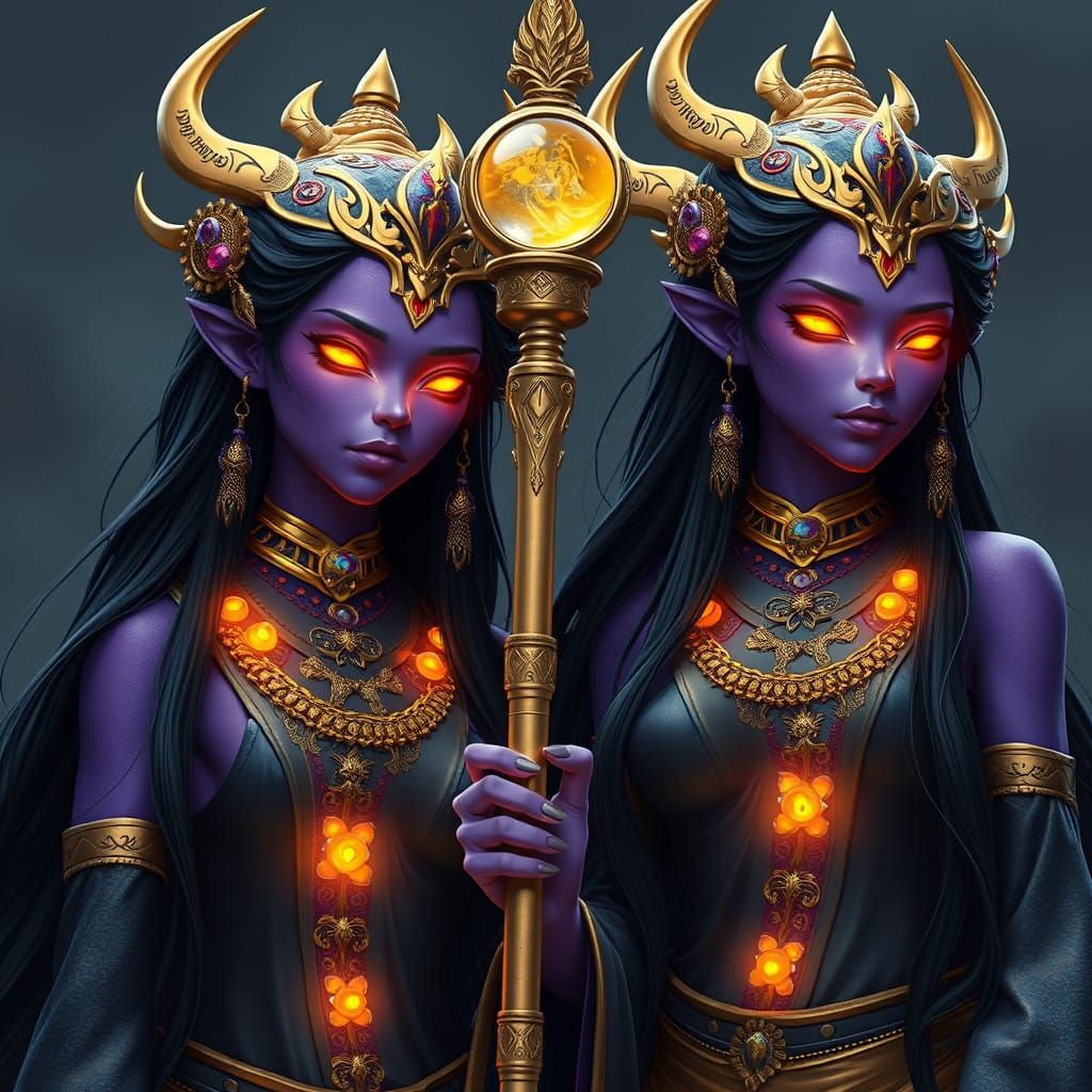 Ethereal Female Tulpa Guardians with Golden Staff in Celesti...