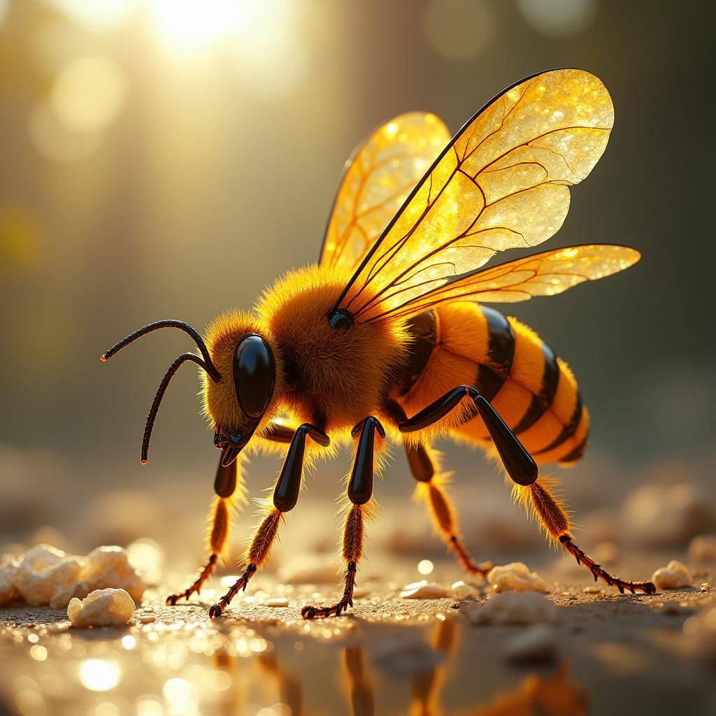 Crystal Glass Bee in Flight: Hyperrealistic 3D Render