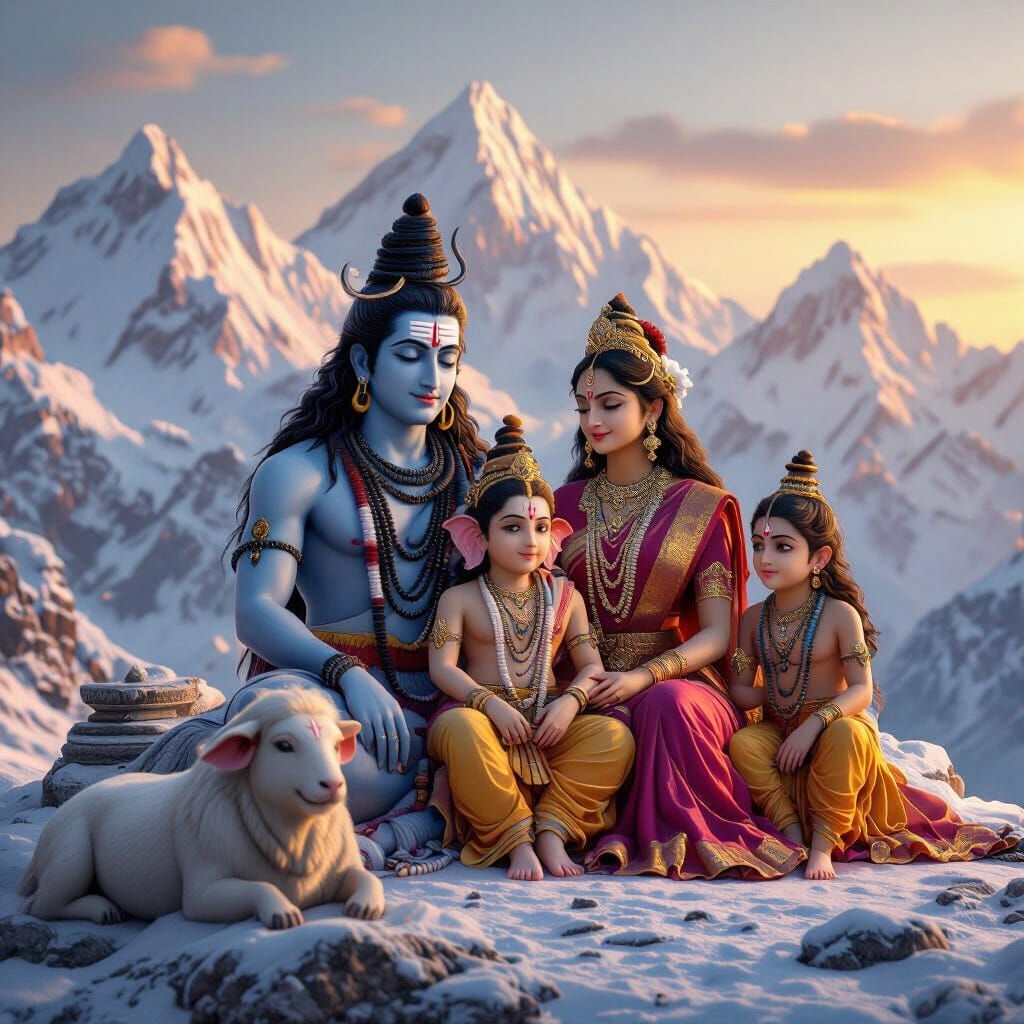 Lord Shiva Family Portrait on Mount Kailash in 3D Render