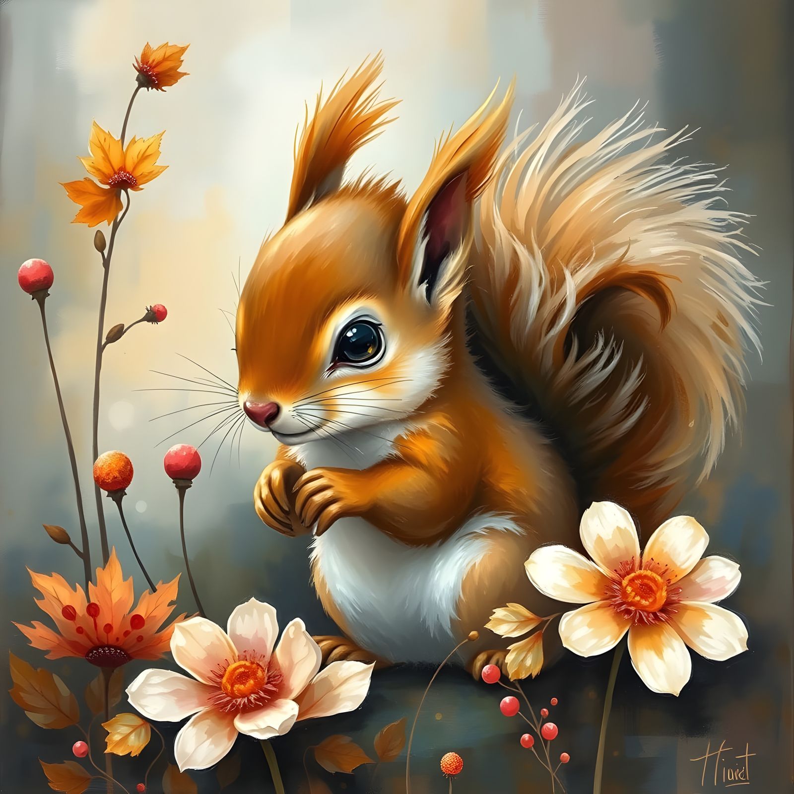 Surreal Baby Squirrel in an Impressionistic Gouache Garden