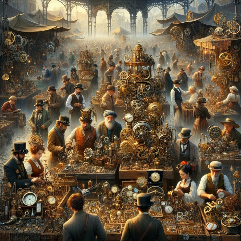 A bustling steampunk market selling clockwork devices.