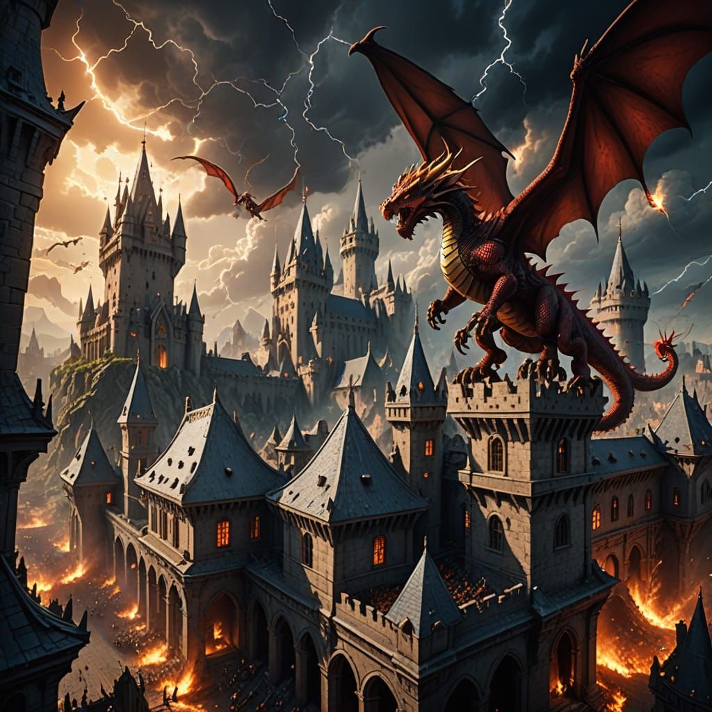 Epic Dragon Battle Above Castle, High-Fantasy Concept Art