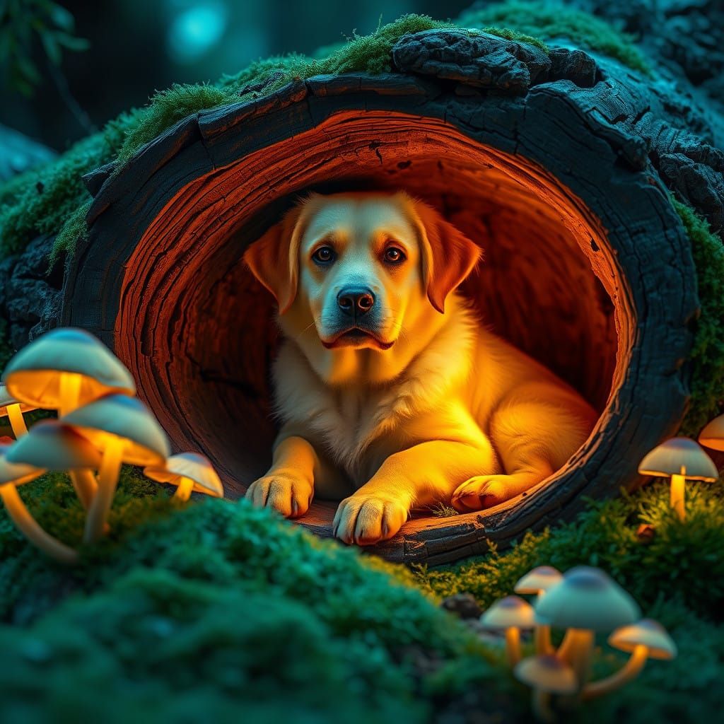 Mystical Yellow Lab in a Glowing Mushroom Hollow