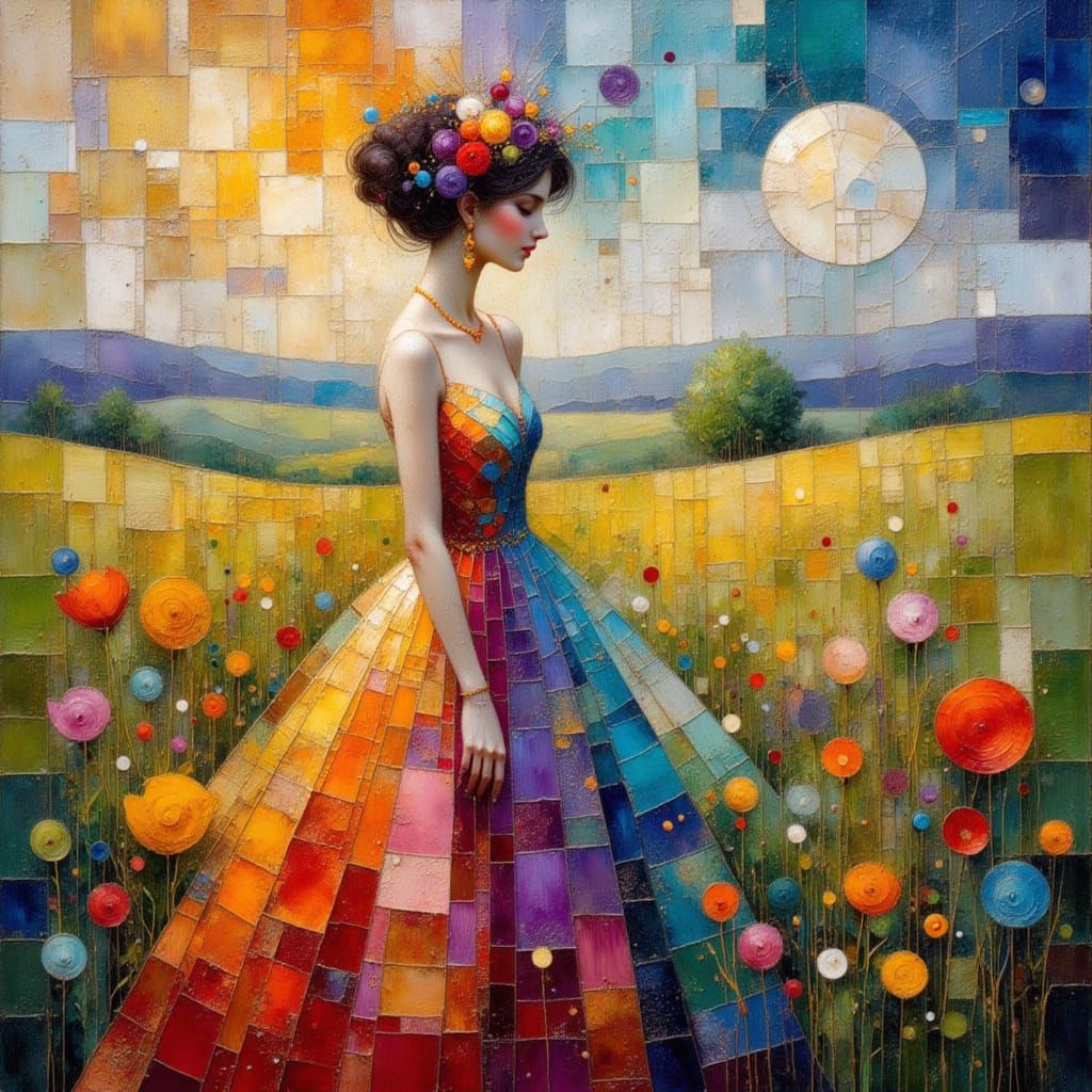 Woman in Beautiful Dress: Mosaic Art Portrait