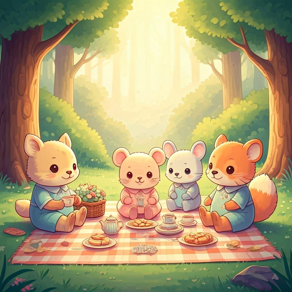 Cute Cartoon Animals' Kawaii Picnic in Woodland