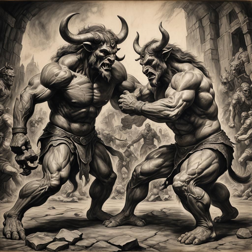 Hyperdetailed Charcoal Drawing: Minotaur Wrestles Man
