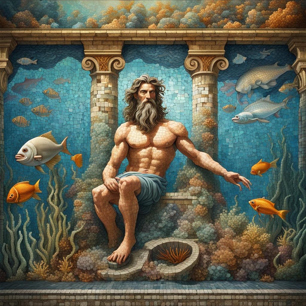 An old mosaic wall with Poseidon