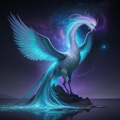 Celestial Phoenix-Egg Creature in Vibrant Nebula Background