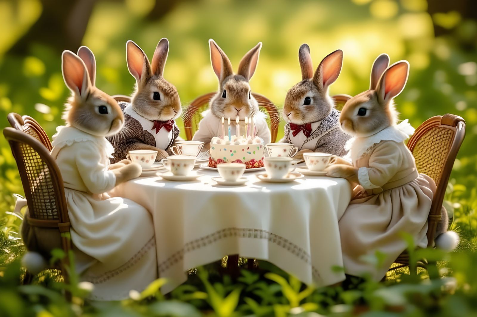 Rabbits Enjoying a Woodland Tea Party in Realistic Photo Sty...