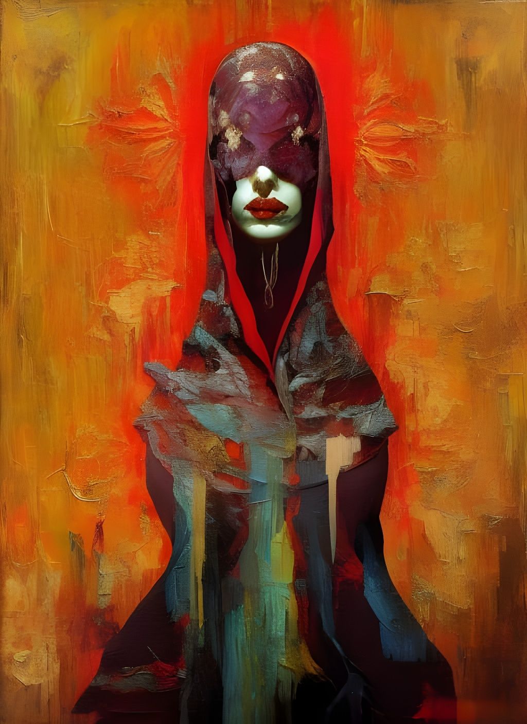 Eerie Hooded Priestess: Abstract Surreal Mixed-Media Portrai...