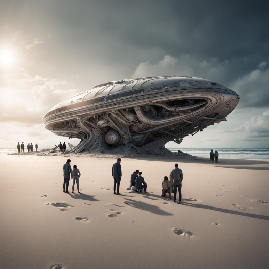 Alien Spaceship Washed Up on Shoreline: 8K Photo