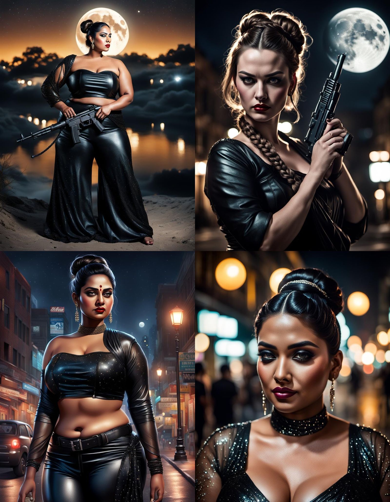 Curvy Woman with AK-47 in Glitter Saree