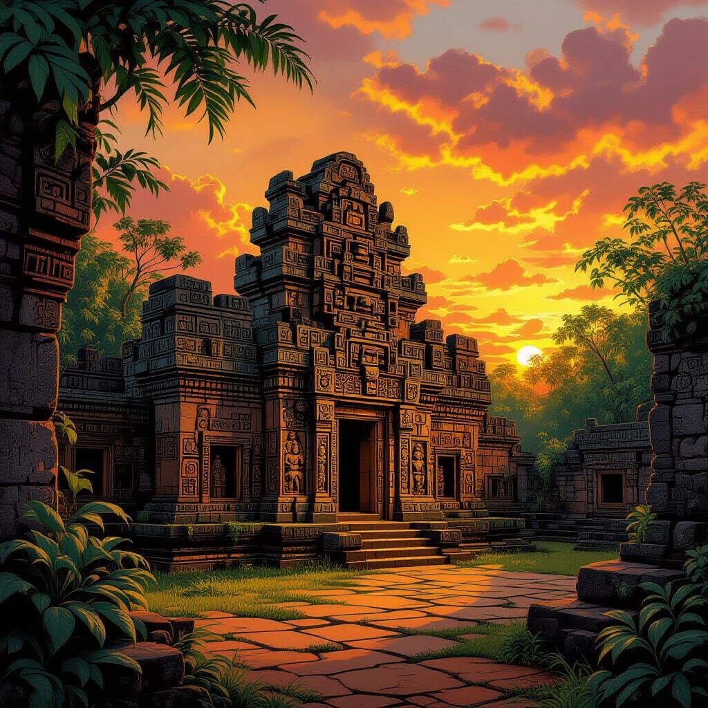 Mayan Temple Sunset: Art Nouveau Style