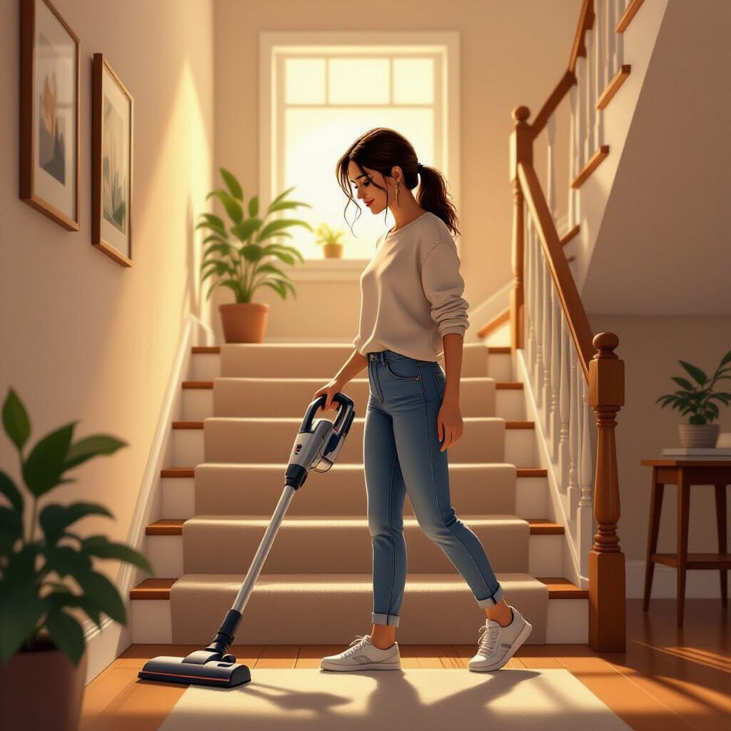 Woman Vacuuming Stairs in Cozy Lighting
