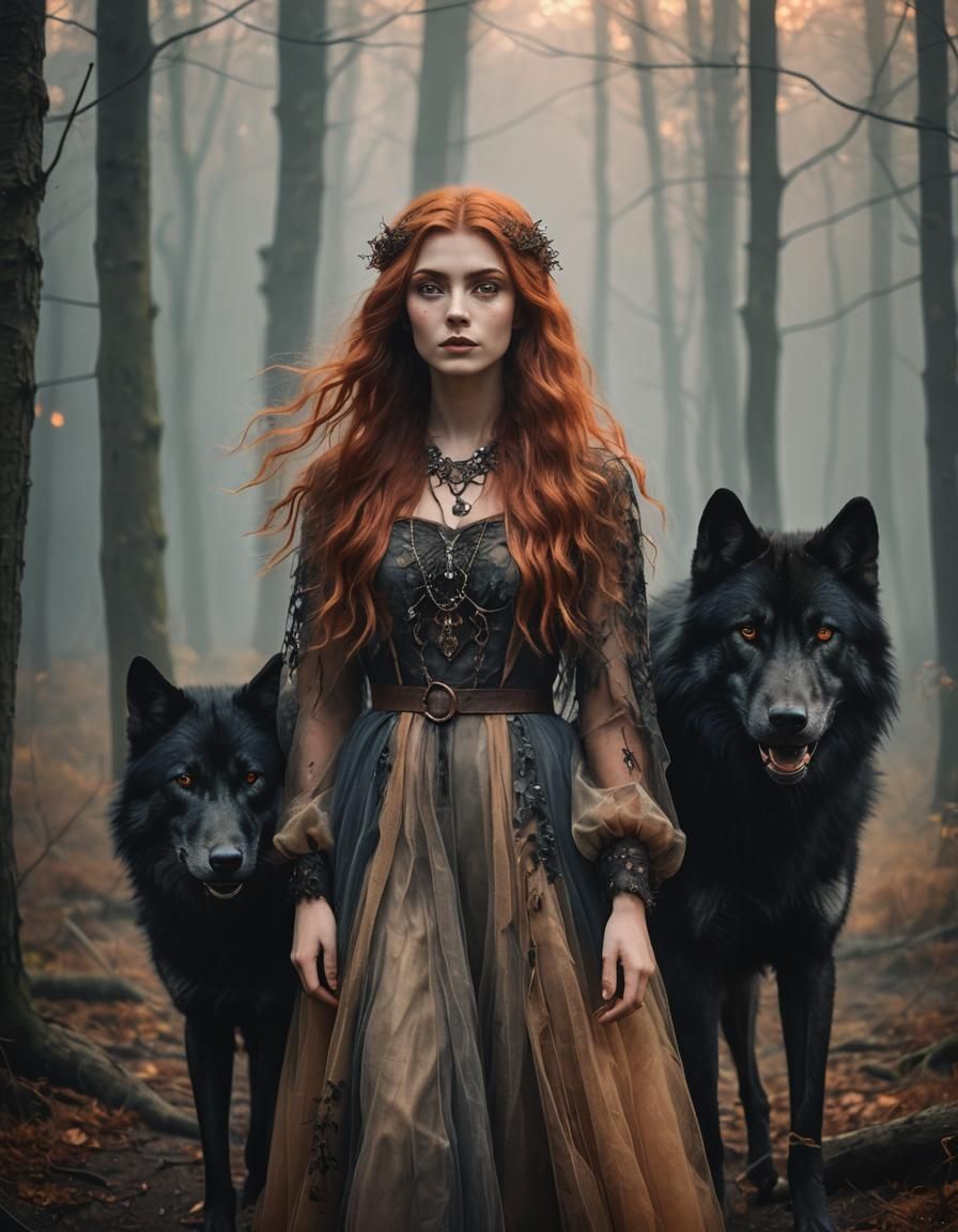 Ukrainian Girl and Wolf in Ethereal Forest