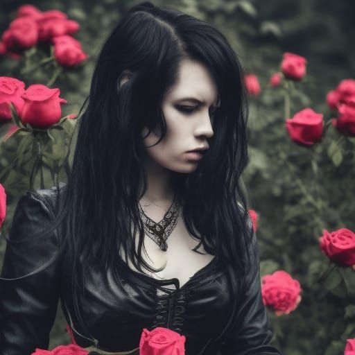 Girl with Black Hair in Valley of Roses