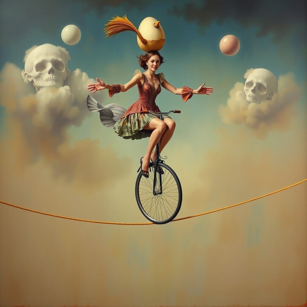 Woman on Unicycle in Surrealist Dreamscape