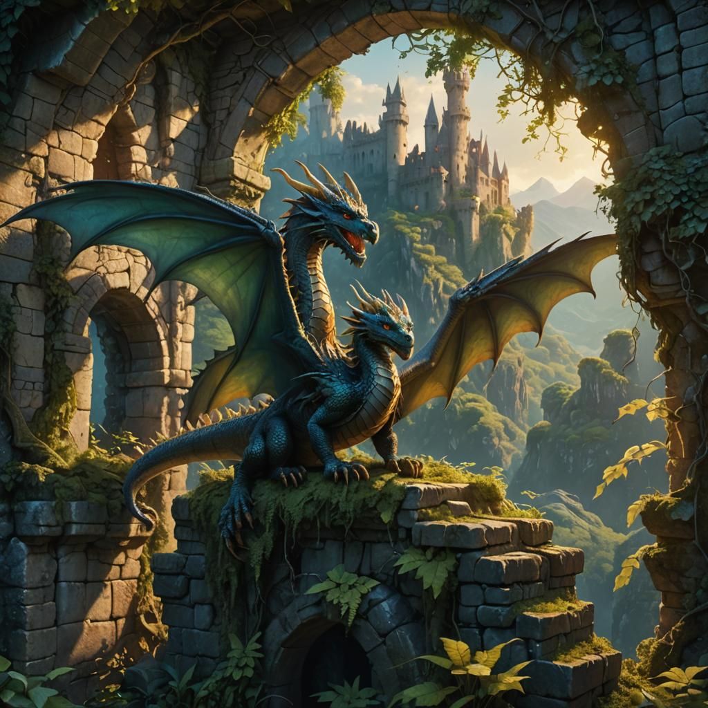 Dragon Perched Atop Ruined Castle Wall