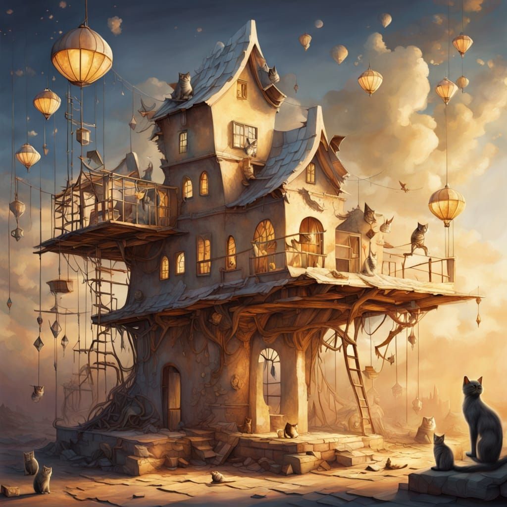 Surreal Cat Architecture in Golden Hour Light