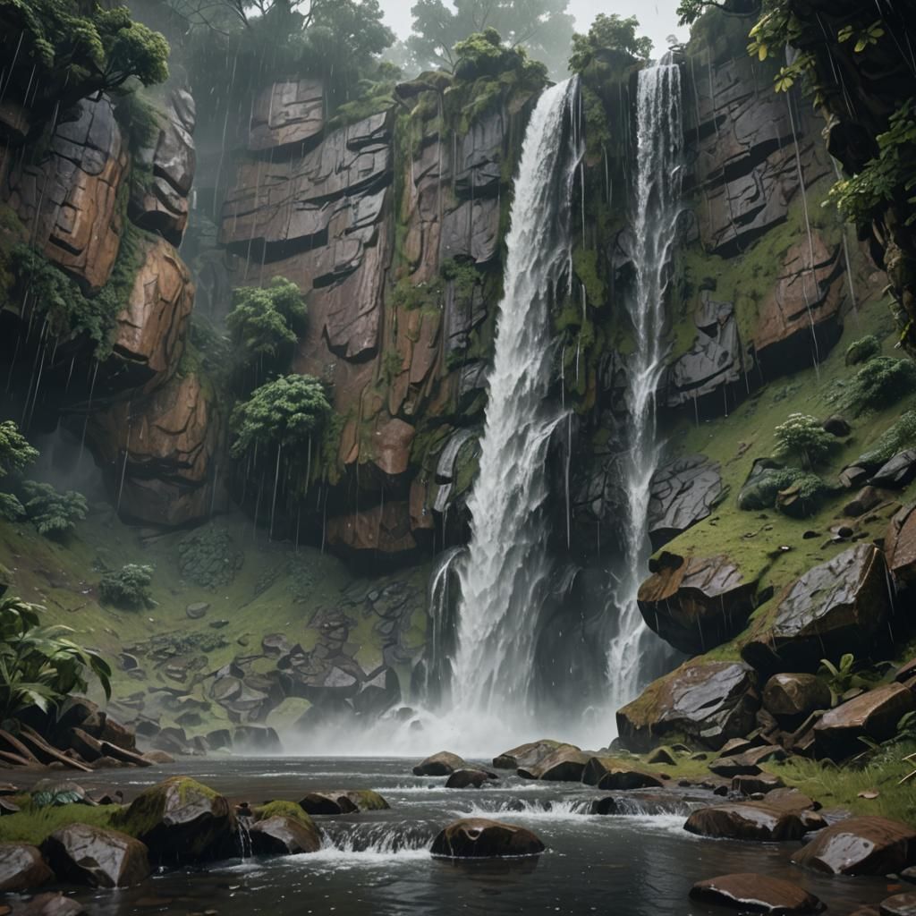 Waterfall in Rain: 3D Game Cinematic Graphics