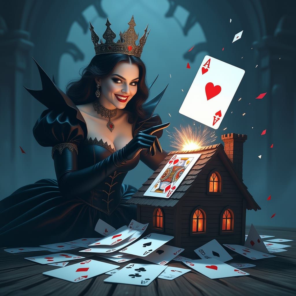 Queen of Spades Explodes Queen of Hearts in Card House