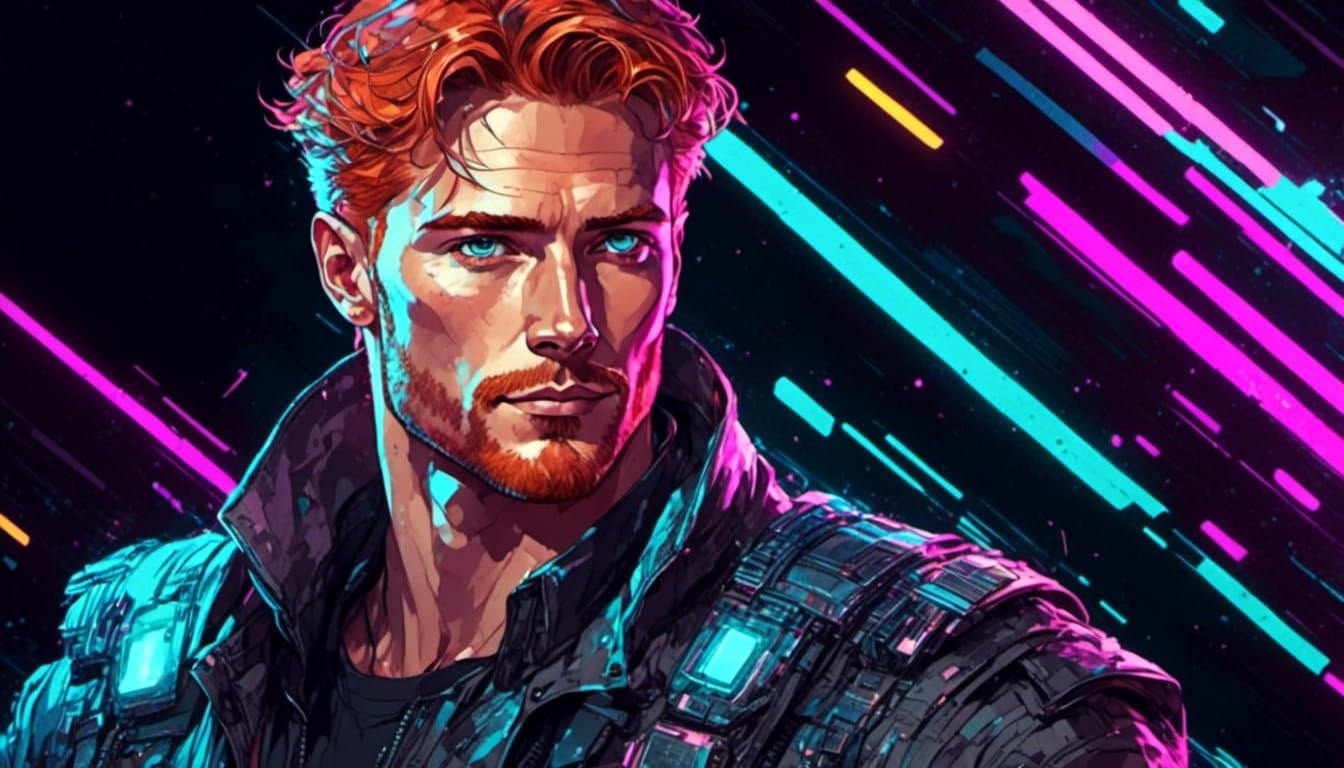 Ginger Haired Man Portrait in Synthwave Style