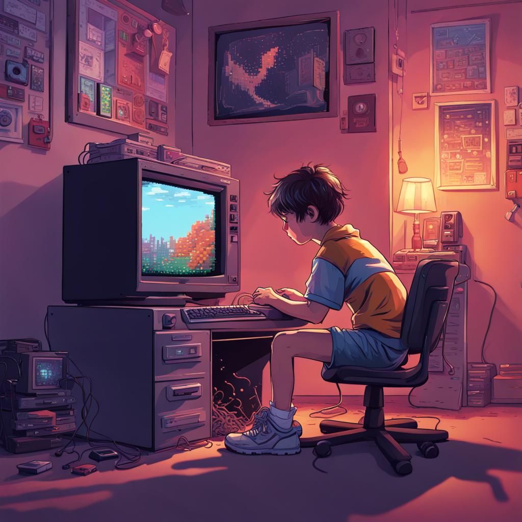 Boy Plays 90s PC Game with Pixelated Graphics